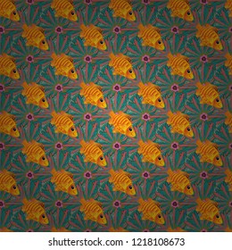 Fishes in blue, green and pink colors. Vector illustration. Seamless colorful background. Colorful cute texture fish pattern.