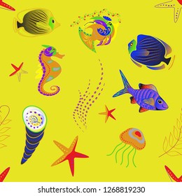 Fishes in blue, orange and yellow colors. Seamless pattern with cute cartoon fishes. Vector illustration.