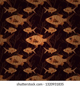 Fishes in brown, black and orange colors. Seamless pattern with fish. Cute fish. Kids background. Vector illustration.