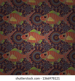 Fishes in brown, gray and beige colors. Repeating geometric tiles with fish. Vector seamless pattern or modern stylish texture.