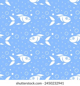 Fishes and bubbles vector seamless pattern. White stylized drawings on blue background.