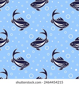 Fishes and bubbles vector seamless pattern. Black and white stylized drawings on blue background.