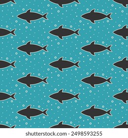 Fishes and bubbles vector seamless pattern. Black and white stylized drawings on blue background.