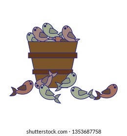 Fishes in bucket cartoon blue lines