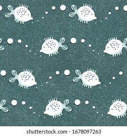 Fishes and the burbles, vector seamless pattern, nautical background