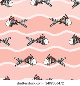 Fishes, candy colors, on waves, on coral background. Vector seamless pattern.