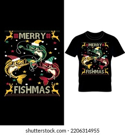 Fishes in Christmas Hats Christmas Celebration Course- Merry Fishmas- Christmas T-shirt Design –Merry Fishmas Bass Fish Fishing Christmas Ugly Sweater Xmas T-Shirt, Fishing Sweatshirt, Fishing Gift.