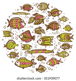 Fishes in circle design. Decorative composition for card, poster, t-shirt
