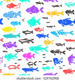 Fishes colorful seamless pattern hand drawing background.