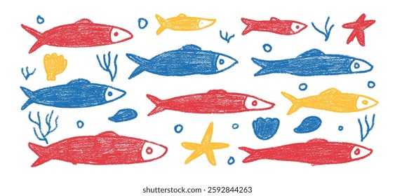 Fishes crayon doodle set. Sardines hand drawn scribble School of fish in the sea. Vector colorful nautical illustration by pencil isolated on white background. Chalk naive underwater life.