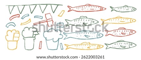 Fishes crayon line doodle set. Santos Populares festival. Hand drawn sardines, hammer, confetti and manjerico basil plant. Vector naive colorful summer holiday illustration.