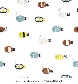 Fishes. Cute seamless pattern. Creative undersea childish background. 