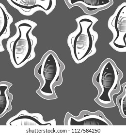 Fishes, dashed lines, tags seamless  pattern. Hand drawn.
