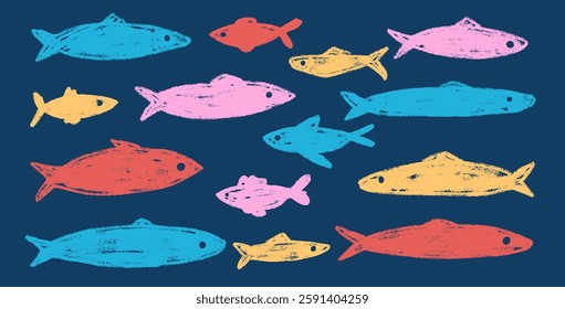 Fishes doodle set. Sardines hand drawn scribble School of fish in the sea. Vector colorful nautical illustration by pencil isolated. Crayon or chalk naive underwater life.