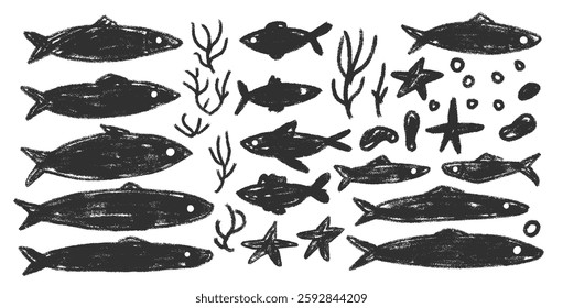 Fishes doodle set. Sardines hand drawn scribble School of fish in the sea. Vector monochrome nautical illustration by pencil isolated on white background. Crayon or chalk naive underwater life.