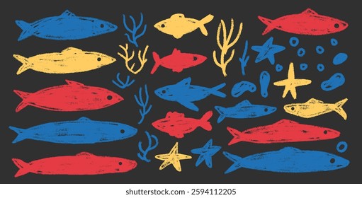 Fishes doodle set. Sardines hand drawn scribble School of fish in the sea. Vector colorful nautical illustration by pencil isolated. Crayon or chalk naive underwater life.