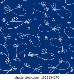 fishes doodle style seamless pattern. Children's sea background. Outline on black background