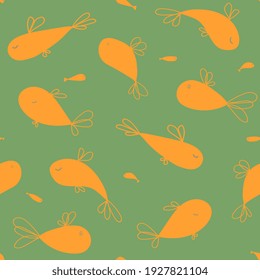 fishes doodle style seamless pattern. Children's sea background. Outline on black background