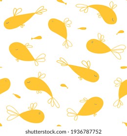 fishes doodle style seamless pattern. Children's sea background. Outline on black background