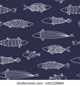 Fishes doodle vector pattern, animal seamless background