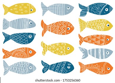 Fishes doodle vector set. Minimalist flat style vector illustration. Funny doodle nautical set. Illustration isolated on white background