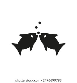Fishes eats food. Vector simple icon. Silhouette on white background.