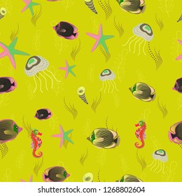 Fishes in green, brown and pink colors. Vector illustration. Seamless pattern with cute cartoon fishes.