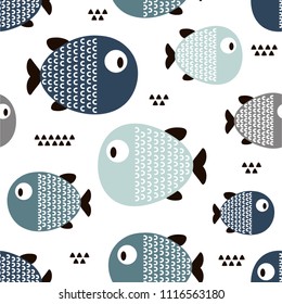 Fishes, hand drawn seamless pattern. Marine background vector. Colorful overlapping backdrop. Decorative cute wallpaper, good for printing