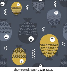 Fishes, hand drawn seamless pattern. Marine background vector. Colorful overlapping backdrop. Decorative cute wallpaper, good for printing