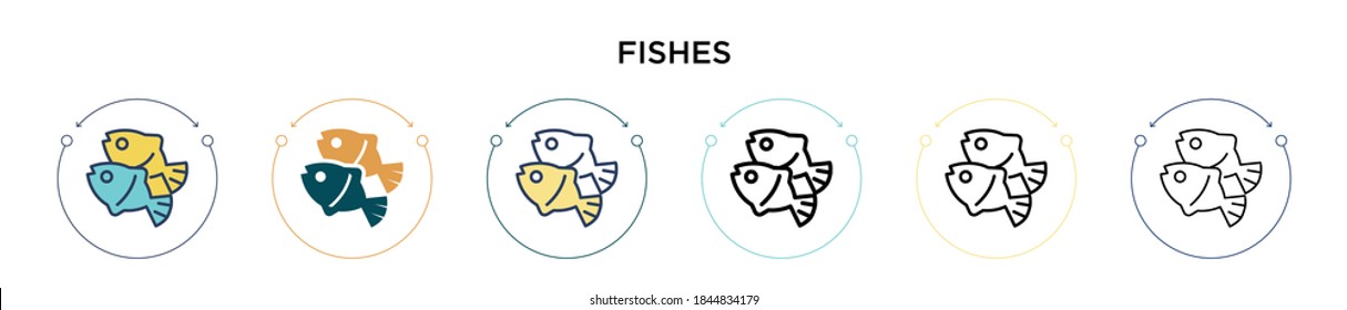 Fishes icon in filled, thin line, outline and stroke style. Vector illustration of two colored and black fishes vector icons designs can be used for mobile, ui, web