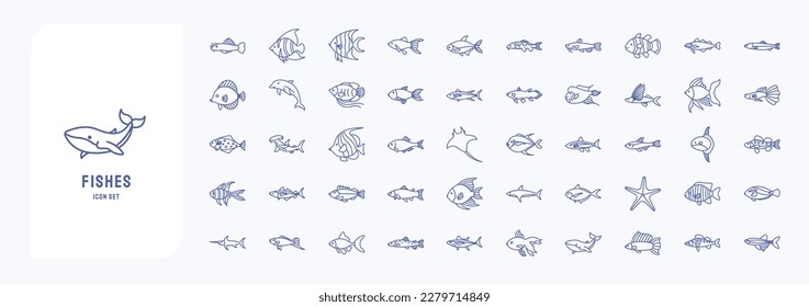 Fishes icon set, including icons like Dolphin, Star Fish, Whale, Shark Fish and more
