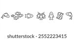 Fishes icons set. Fishing icon. Fish line icon set, Fish related icons thin vector set. Fish icon in transparent background. Editable stroke. Eps10