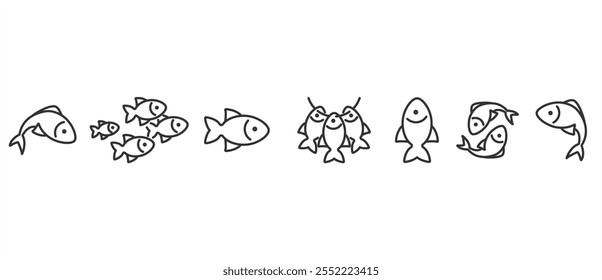 Conjunto de iconos de peces. Icono de pesca. Conjunto de iconos de línea de pescado, conjunto de Vector delgado de iconos relacionados con peces. Icono de pescado en fondo transparente. Trazo editable. Eps10