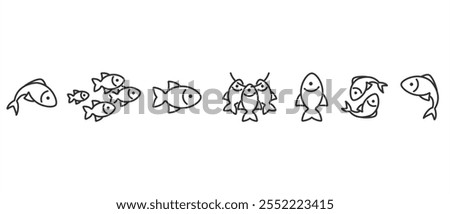 Fishes icons set. Fishing icon. Fish line icon set, Fish related icons thin vector set. Fish icon in transparent background. Editable stroke. Eps10