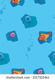 Fishes and jellyfish seamless pattern. Vector illustration of a seamless pattern of jellyfish with fishes on the ocean floor on a blue background. Bubbles of air. 