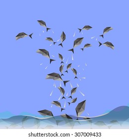 Fishes jumping in to the sky present by low polygon