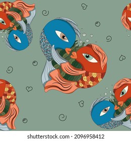 Fishes kissing and hugging seamless pattern