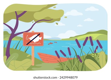 Fishes in lake and empty boat vector illustration. Fish and fishhook on sign plate as No fishing meaning. Rules, fishing ban concept