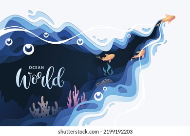 Fishes layered shape wavy ocean underwater background in paper cut style