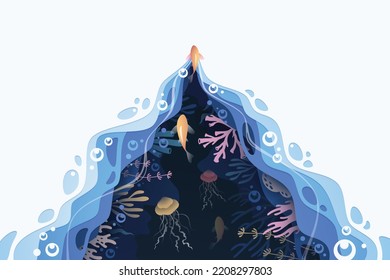 Fishes layered shape wavy ocean underwater background in paper cut style