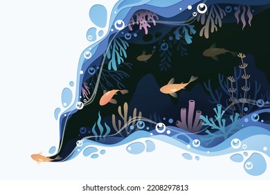 Fishes layered shape wavy ocean underwater background in paper cut style