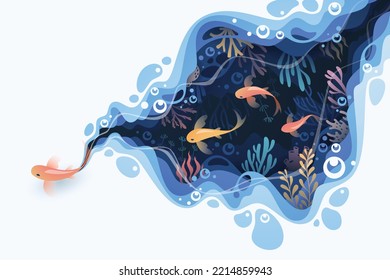 Fishes layered shape wavy ocean underwater background in paper cut style