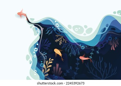 Fishes layered shape wavy ocean underwater background in paper cut style