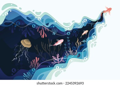Fishes layered shape wavy ocean underwater background in paper cut style