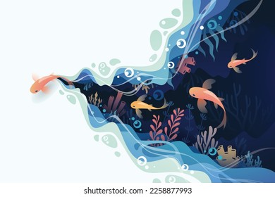 Peces en capas de forma ondulada fondo submarino del océano en forma de corte de papel