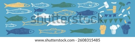 Fishes line doodle set. Santos Populares festival. Sardines, hammer, confetti hand drawn scribble. Fish with garlands, manjerico, party elements . Vector illustration. Crayon naive underwater life.