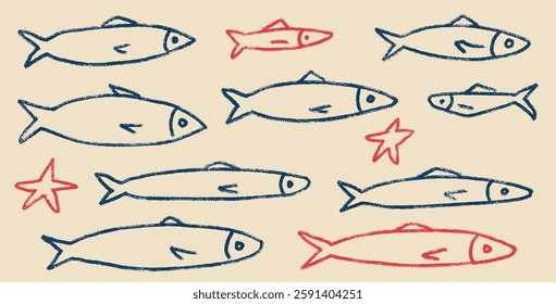 Fishes line doodle set. Sardines hand drawn scribble School of fish in the sea. Vector colorful nautical illustration by pencil isolated. Crayon or chalk naive underwater life.