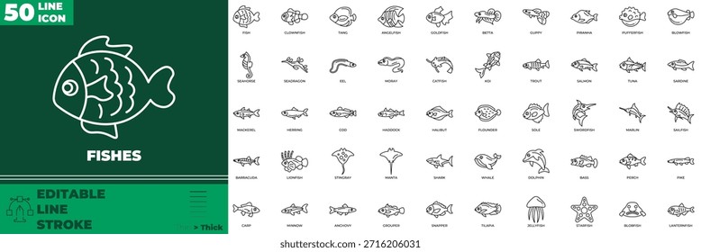 Conjunto de iconos editables de línea de peces