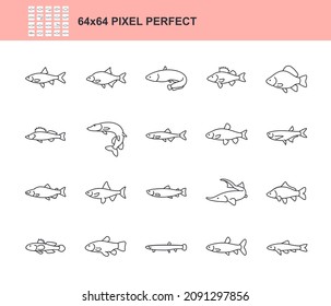 Fishes line icons set. Freshwater fish. Pixel perfect. Editable Stroke