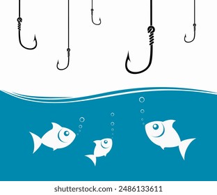 Fishes looks at a fishing hooks underwater. Stock vector illustration